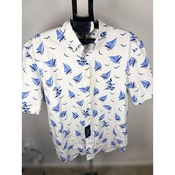 Polo Ralph Lauren Mens Sailboat Polo Bear Print Short Sleeve Shirt White 2TG NWT - Picture 1 of 9